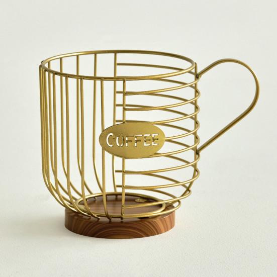 Metal Wire Cup Storage Basket with Wooden Base Coffee Mug Shape Hollow Out Organizer for Home Cafe Bar Countertop Kitchen Decor