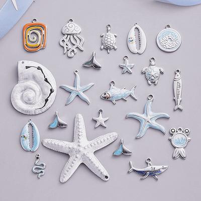 2pcs Silver Color Marine Life Pendant White/Blue Enamel Charm Turtle Starfish Fish DIY Stainless Steel Charms For Jewelry Making