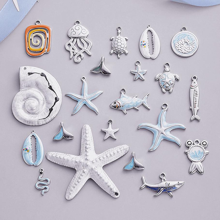 2Pcs Silver Color Marine Life Pendant Whiteblue Enamel Charm Turtle Starfish Fish Diy Stainless Steel Charms For Jewelry Making