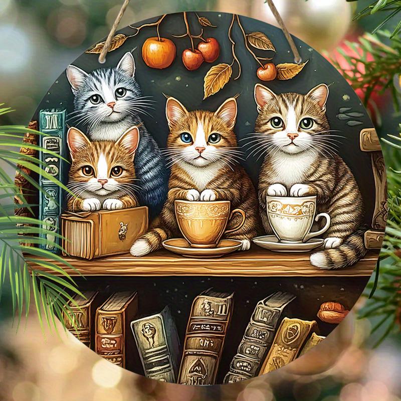 2D flat hanging decorative signs,interior wall or door decoration,garden decoration,the pattern is four cute kittens,a housewarming gift for friends
