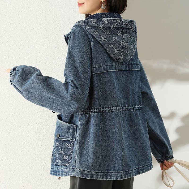 Džínová bunda Bavlna Zima Dámská Zimní s kapucí Vintage Nadměrná Teplá bunda Kabát