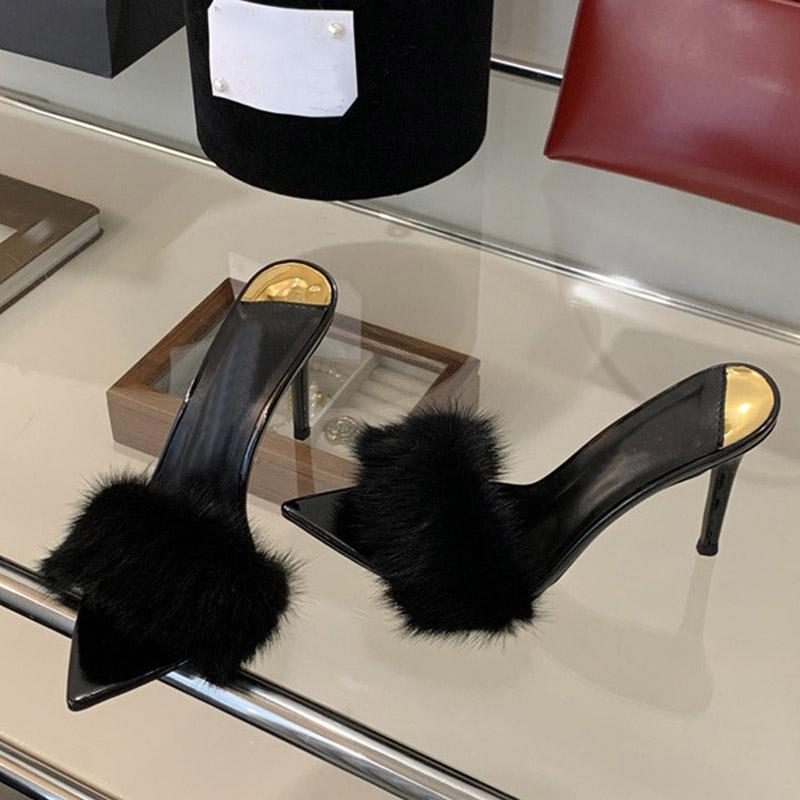 Liyke Summer Party Banquet High Heels Modern Slippers Women White Fluffy Feathers Designer Sandals Sexy Pointed Toe Mules Shoes