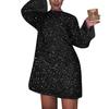 Women's Round Neck Long Sleeve Sparkling Sequin Dress Backless Bow Sexy and Cute Party Dress