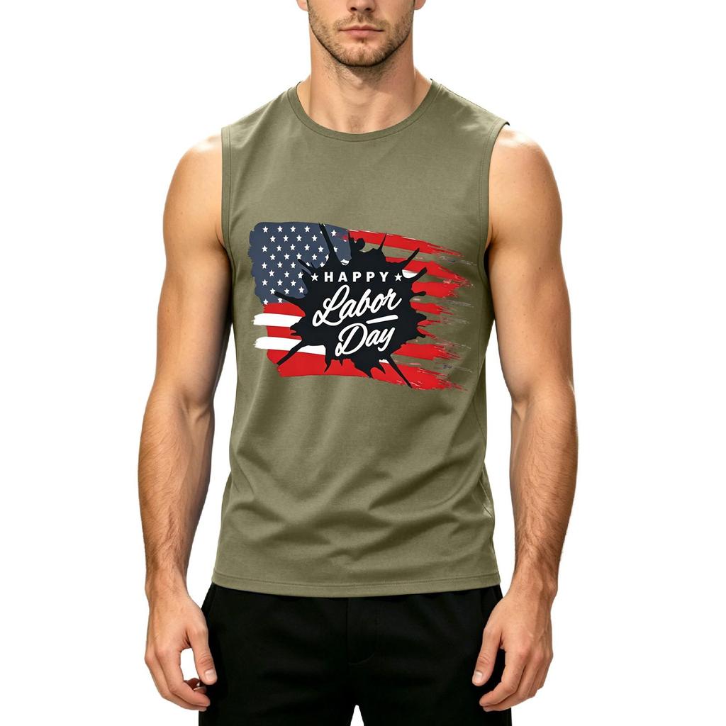 Men's Sleeveless Casual Tank Top Labor Day Printed Muscle Shirt Crew Neck Summer Workout Tee