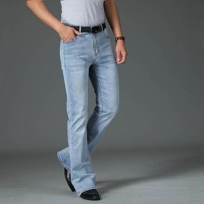 Uitlopende jeans voor heren, bootcut been, uitlopende mannelijke ontwerper, klassieke denim jeans, stretch, losse uitlopende blauwe jeans met hoge taille