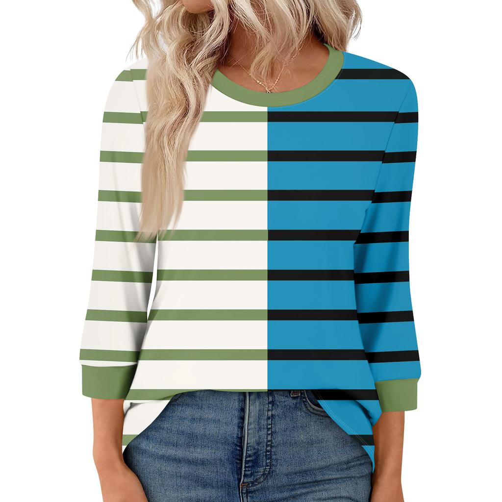 Women's Fashion Casual Seven Sleeve T-Shirt Print Round Neck Top