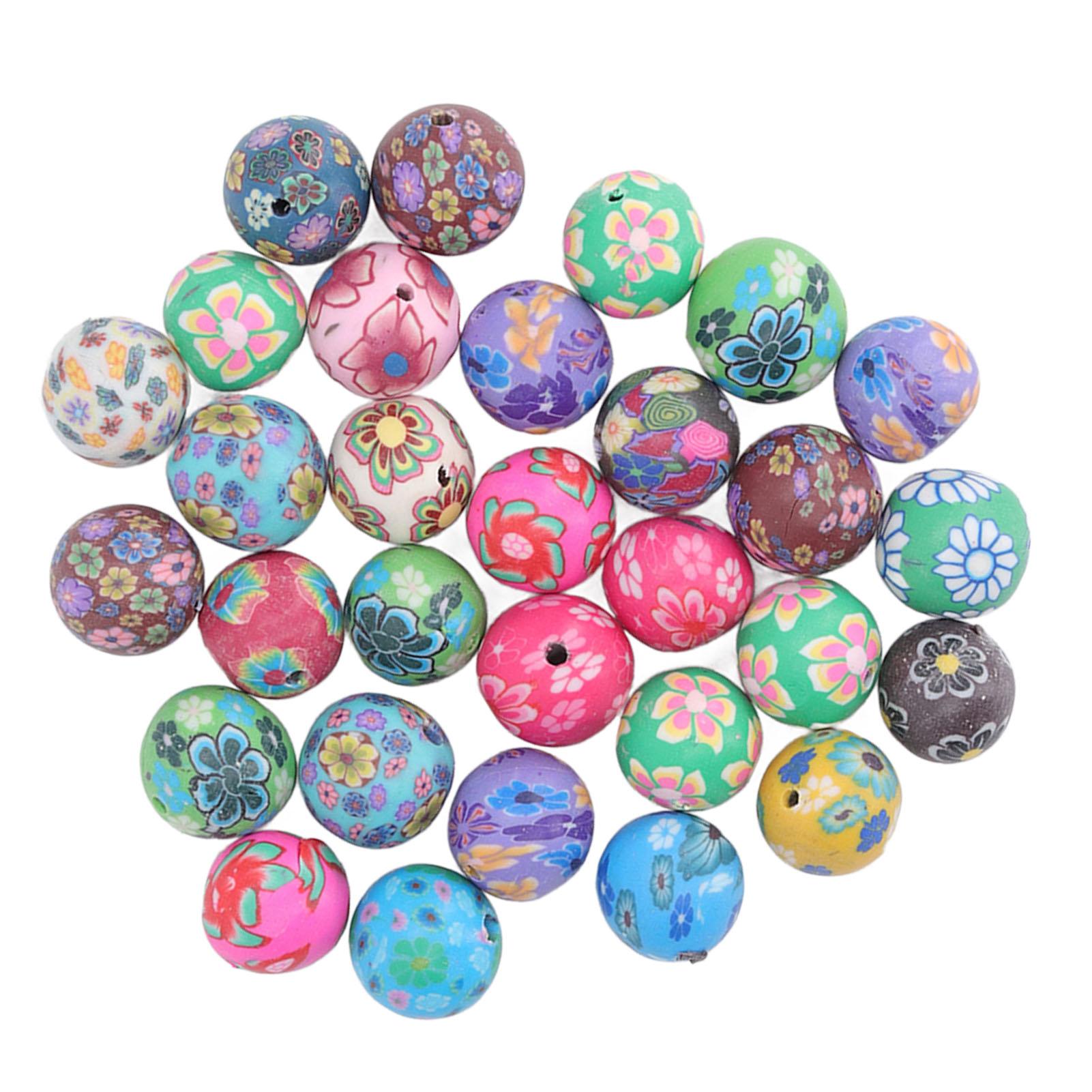 

30 шт. круглых глиняных бусин 0,4–0,5 дюйма, ассорти, разноцветные, с цветочным узором, бусины в стиле преппи для украшений