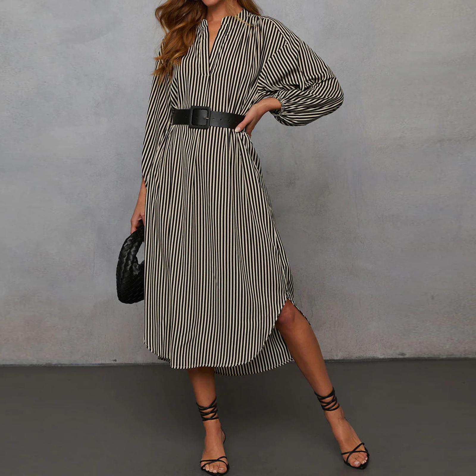 

Women V Neck Loose Fit Striped Belted Shirt Dress Long Sleeve Casual Midi Dress with Vertical Stripe Pattern for Daily Wear L чёрный