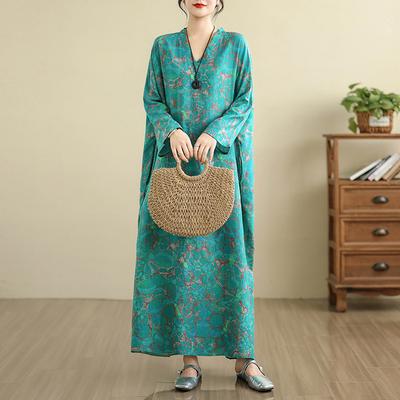 DIMANAF 2025 Kobiety Plus Size Wiosenna Długa Sukienka Luźny Dekolt V Nadruk Vintage Casual Kwiatowa Oversize Długi Rękaw 5033