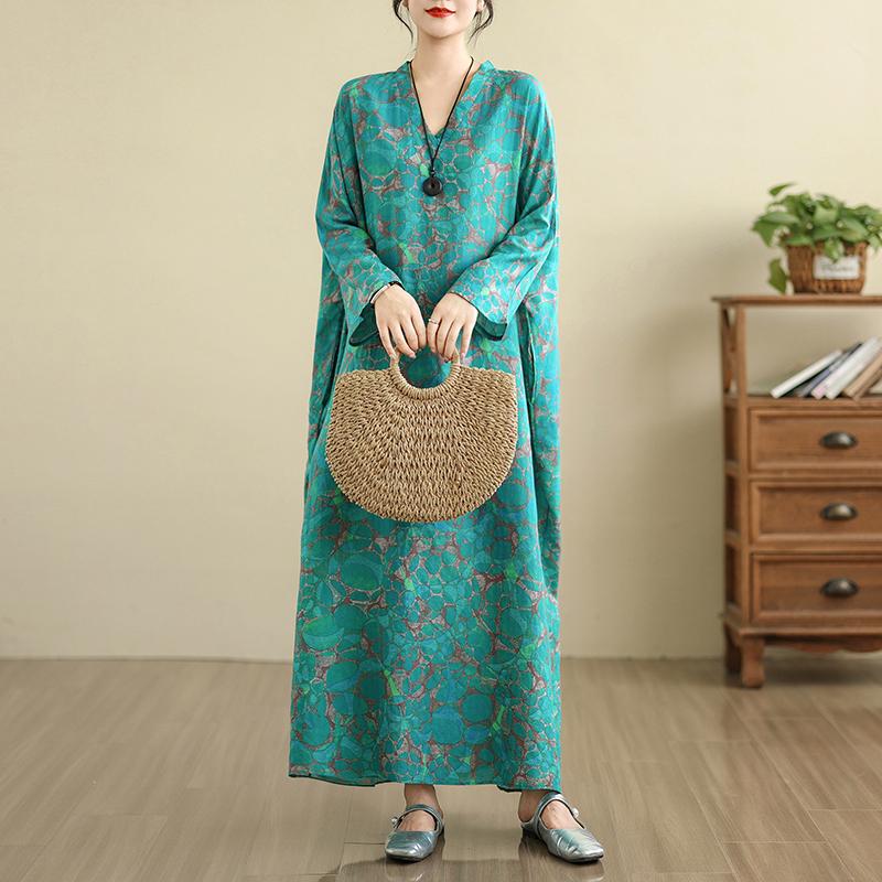DIMANAF 2025 Women Plus Size Spring Long Dress Loose V-Neck Printing Vintage Casual Floral Oversize Long Sleeve 5033