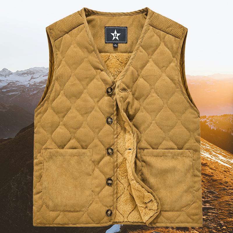 Autumn and Winter Warm Vest with Velvet, Men's Vest, Workwear, Corduroy V-neck Jacket