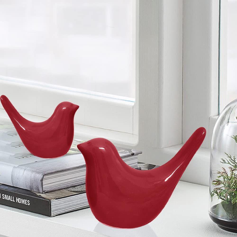 Creative Red Glossy Ceramic Birds Figurines Home Decorations Accessories Party (Pack of 2, Red)