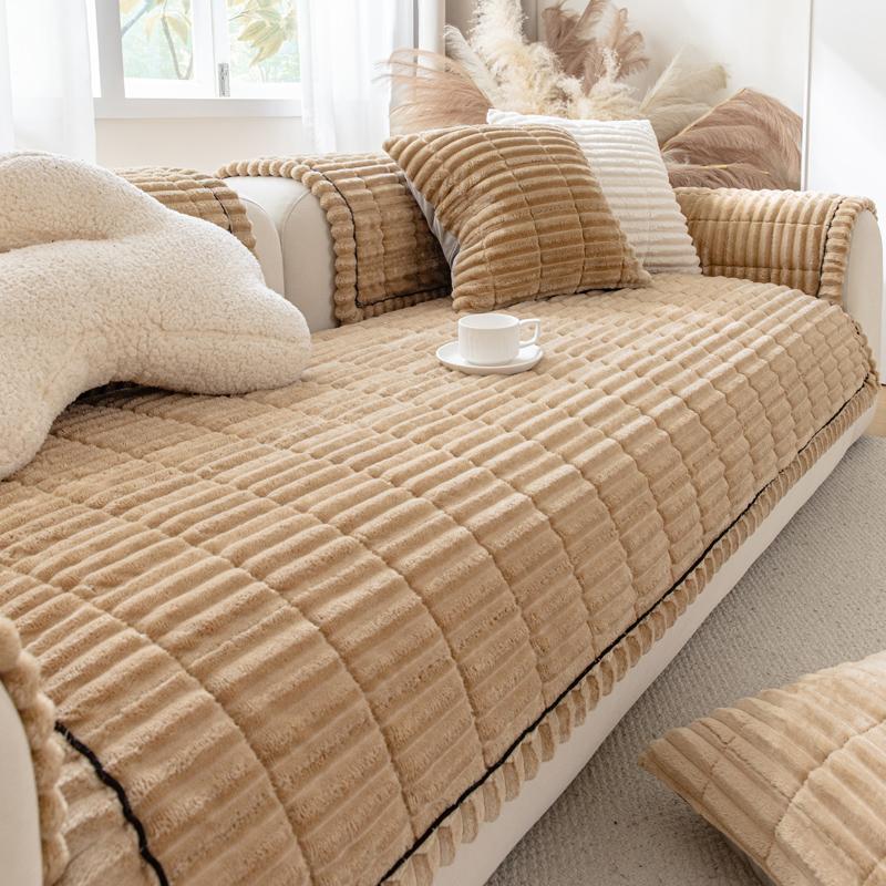 Thicken Stripe Flannel Quilting Anti-Slop Sofa Cover, Simplized Design Sofa Seat Pad Multiuse Washable Sofa Towel
