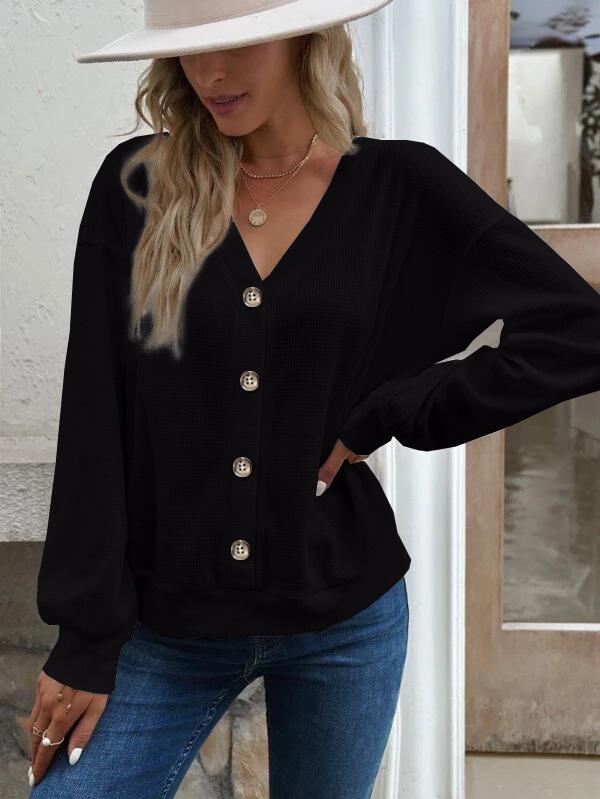New 2023 autumn and winter European and American women's clothing solid color button V-neck loose long-sleeved T-shirt women
