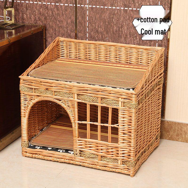 Four Seasons Universal Cat House – Enclosed Rattan Weaving Villa for Cats