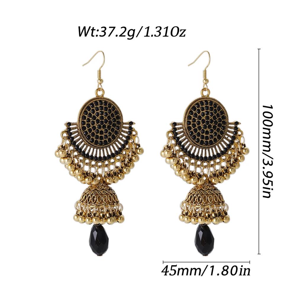 New Vintage Colorful Crystal Earring for Women Luxury Gold Color Round Carved Bell Pendant Earrings Girl Female Boho Jewelry