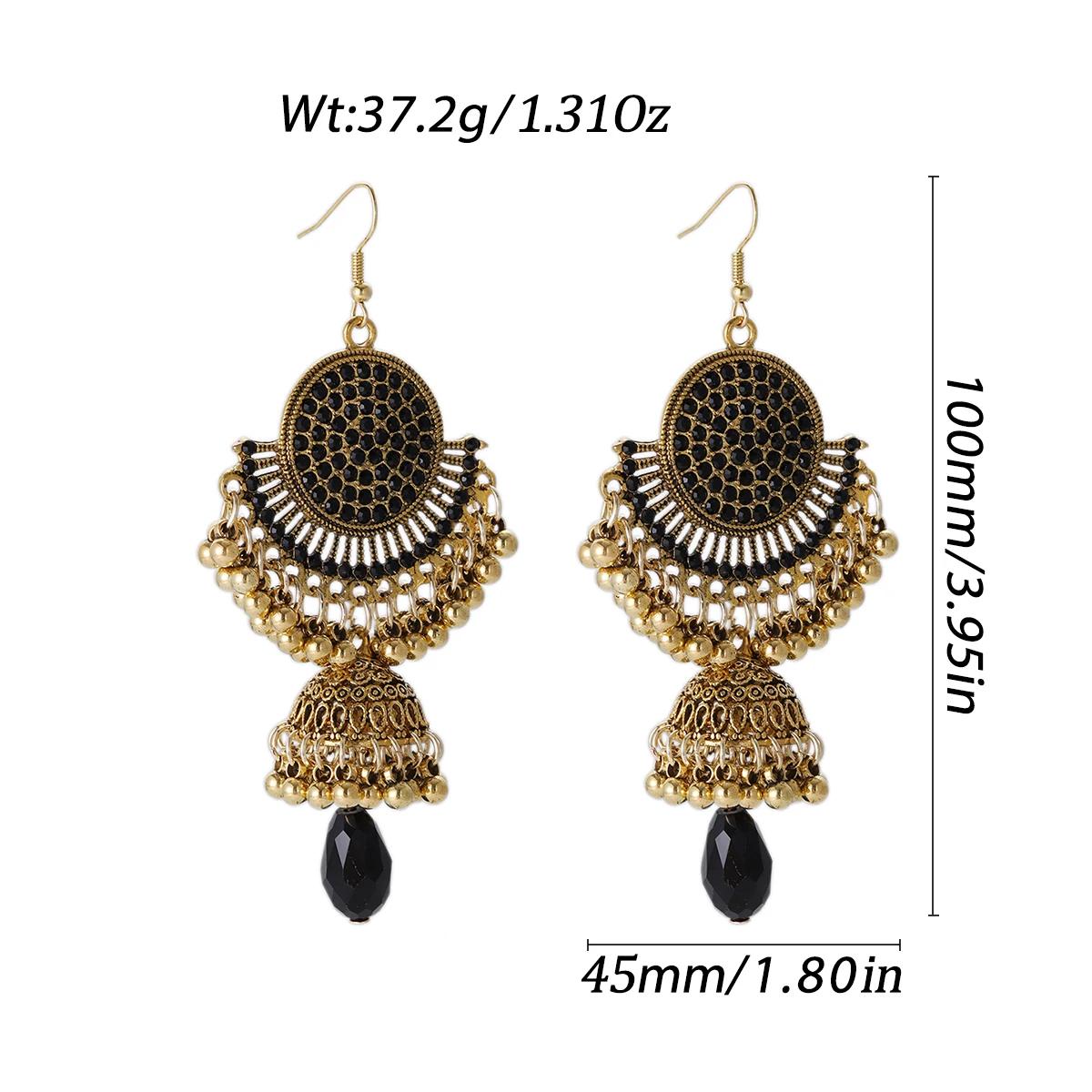 

New Vintage Colorful Crystal Earring for Women Luxury Gold Color Round Carved Bell Pendant Earrings Girl Female Boho Jewelry