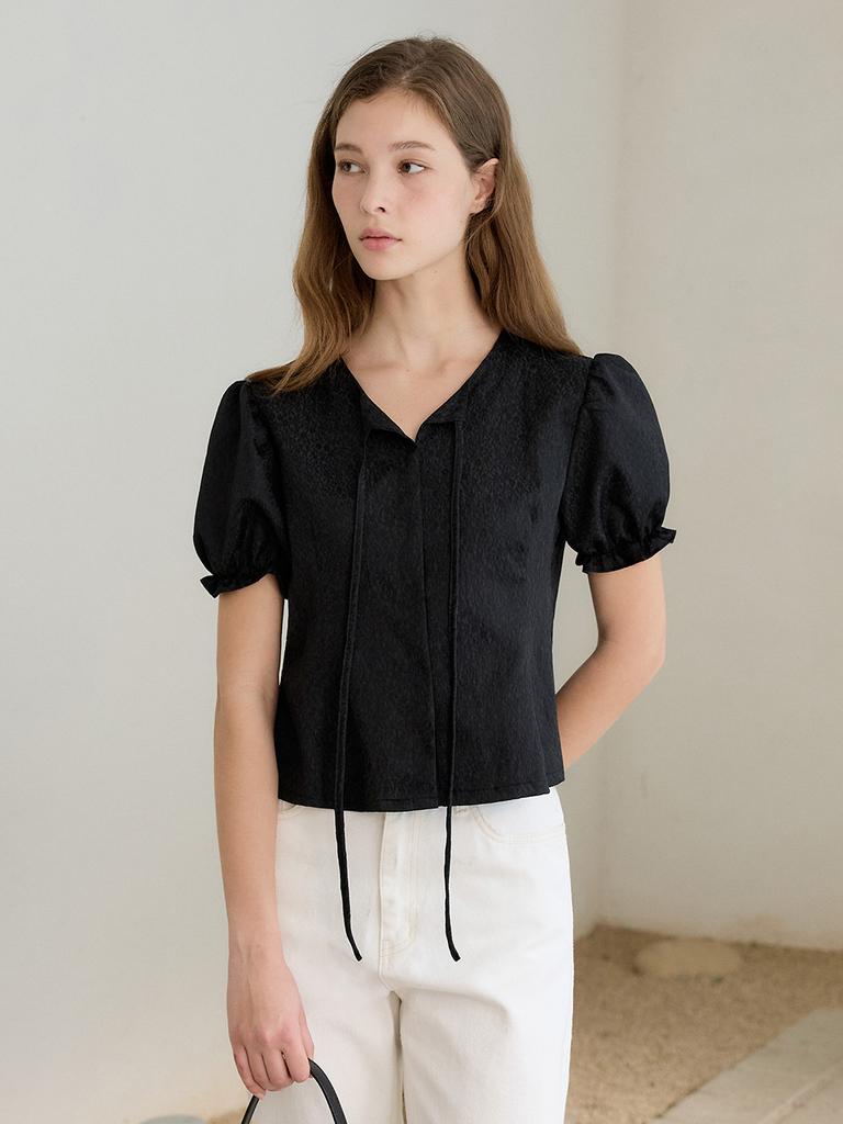 MOMET Plum Balloon Short Sleeve Blouse Black