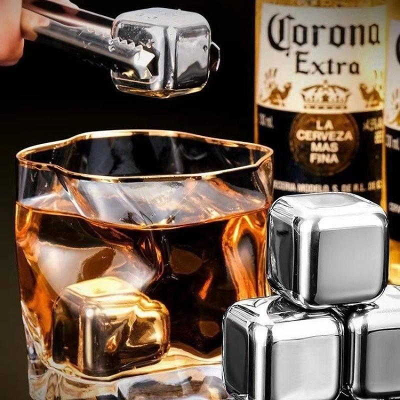 4-6-8pcs stainless steel frozen ice cubes, household metal ice cubes, summer must-have artifact with clips, whiskey ice
