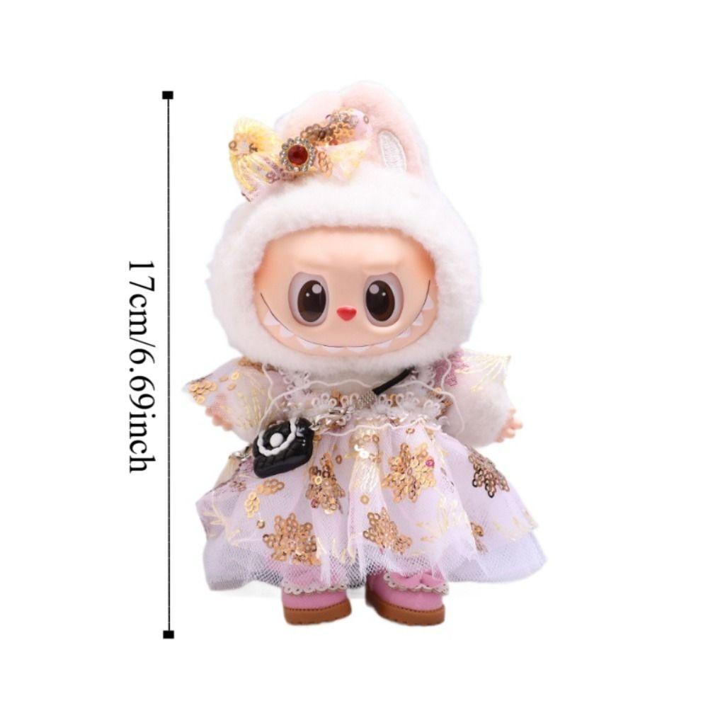 Sequined Dress Sitting Labubu Time Cloth Handmade 17cm Plush Dolls Clothes Children Gift