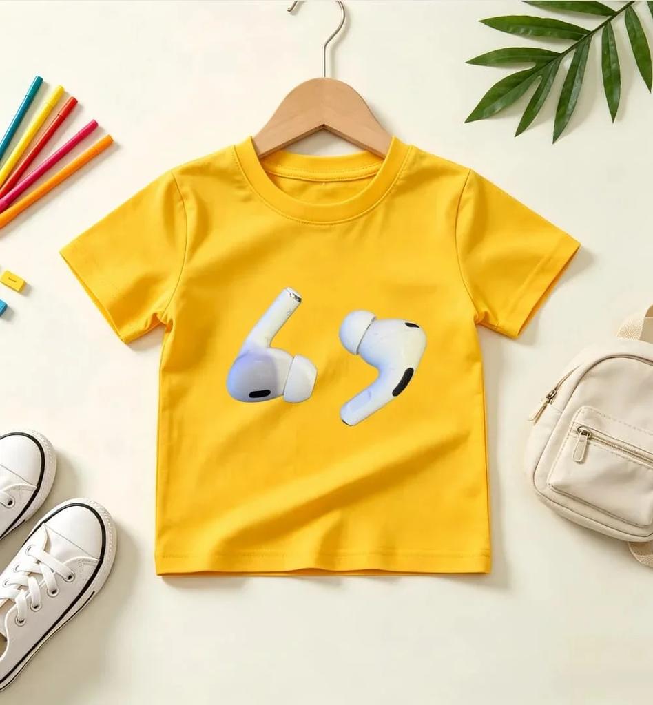 Kids Black Short Sleeve T Shirt Realistic Wireless Earbuds Pattern Print Crew Neck Boys Girls Trendy Casual Summer Tee