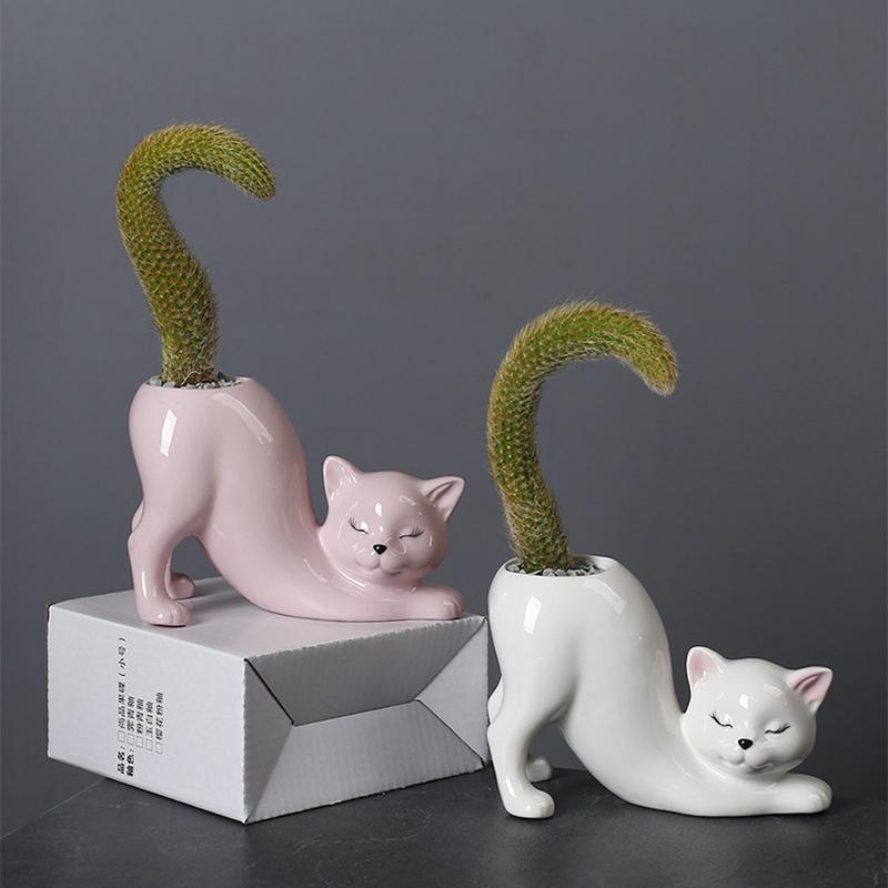 Blumentopf mit Cartoon-Katze, niedlicher Katzenschwanz, Sukkulenten-Pflanztopf, Porzellan, Blumenvase, Blumentopf, Heimdekoration, Zubehör