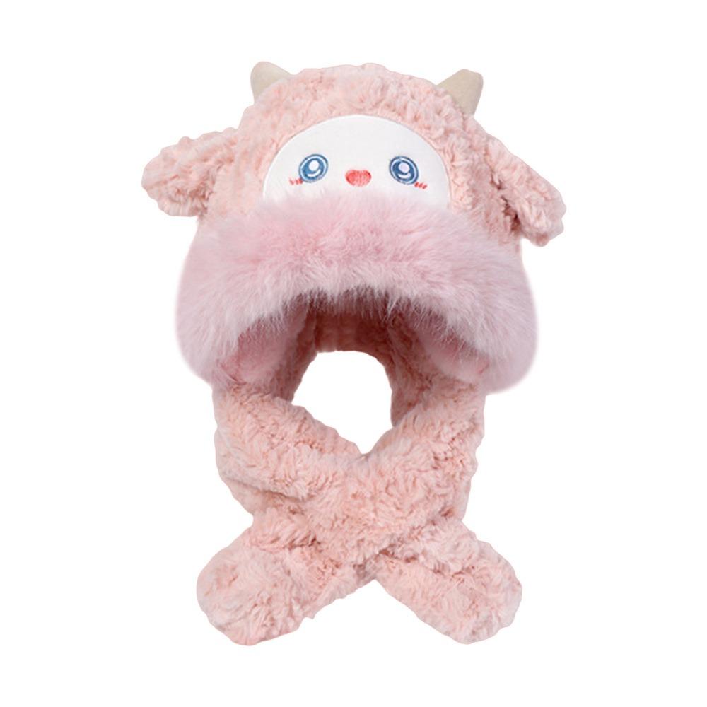 

Cute Plush Winter Warm Hat Windproof Thickened Ear Protection Hat Sheep Ear Neck Warmer Integrated Hat Scarf Set for Women Girls рожевий