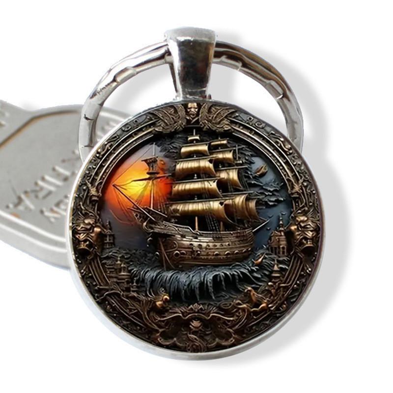 Artistic Zinc Alloy Keychain With Sunset Boat Pattern For Friends And Colleagues