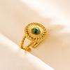 Green Striped Stone Vintage Gold Color Stainless Steel Open Adjustable Rings For Women Men Accessories Finger Jewelry Sun Flower
