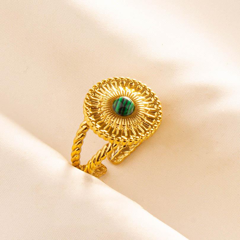 Green Striped Stone Vintage Gold Color Stainless Steel Open Adjustable Rings For Women Men Accessories Finger Jewelry Sun Flower