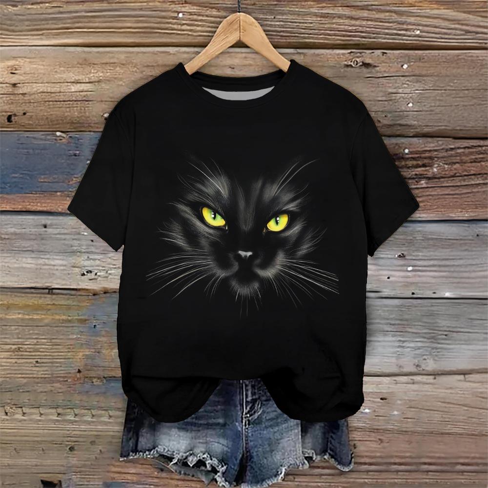 

Женские футболки с 3D-принтом и черным котом, с круглым вырезом и коротким рукавом, женская модная одежда, свободные, большие размеры, уличная одежда, летние вентилируемые топы M
