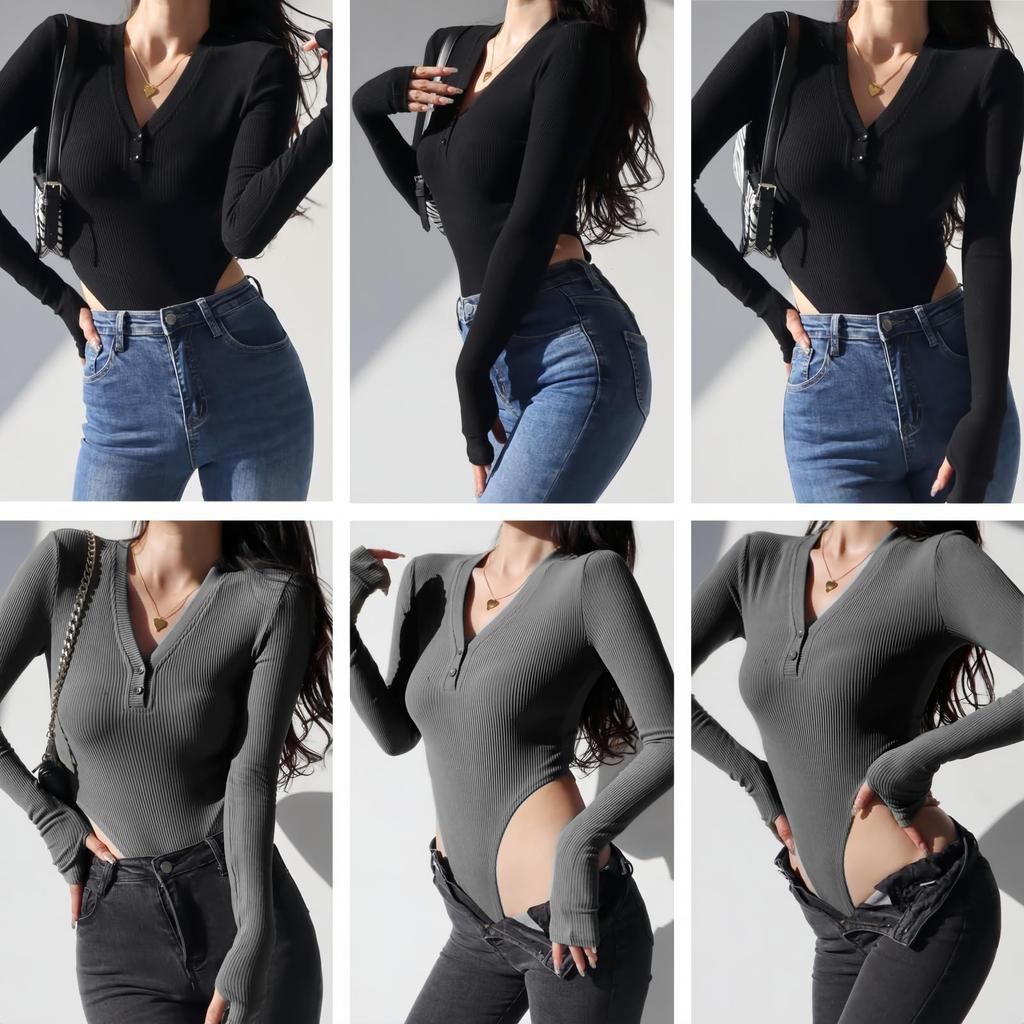 Ribbed Knit Leotard Body [WinsGreat] Women's Long-Sleeve V-Neck Bodysuit, Top, Jumpsuit, Shaper, Innerwear, Sexy, Cute, Slimming, Breathable,
