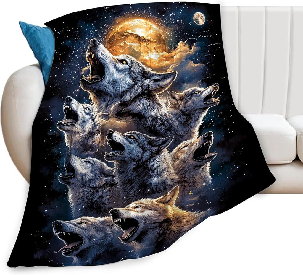 Howling Wolves Moon Night Sky Blanket Artistic Wildlife Print Soft Fleece Throw Home Decor Gift for Nature Lovers