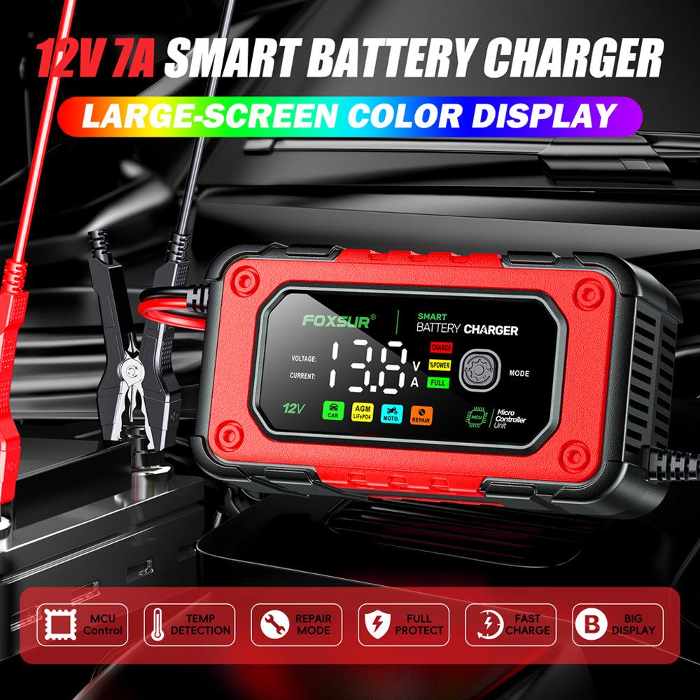 FOXSUR 12V 7A Charger for Lead-Acid & Lithium Iron Phosphate Batteries with Large Color Screen