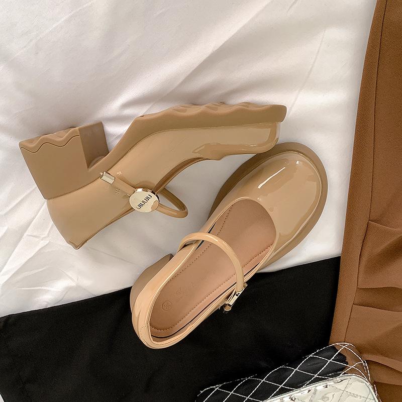 

2025 новая весенне-осенняя обувь Мэри Джейн на высоком каблуке с круглым носком, популярные туфли на платформе, маленькие кожаные туфли на маффине 40 абрикосовый