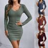 Šaty s vysokým pasem a řasením Podzim Zima Dámské Nový styl Dlouhý rukáv Řasené Šaty s V-výstřihem Bodycon
