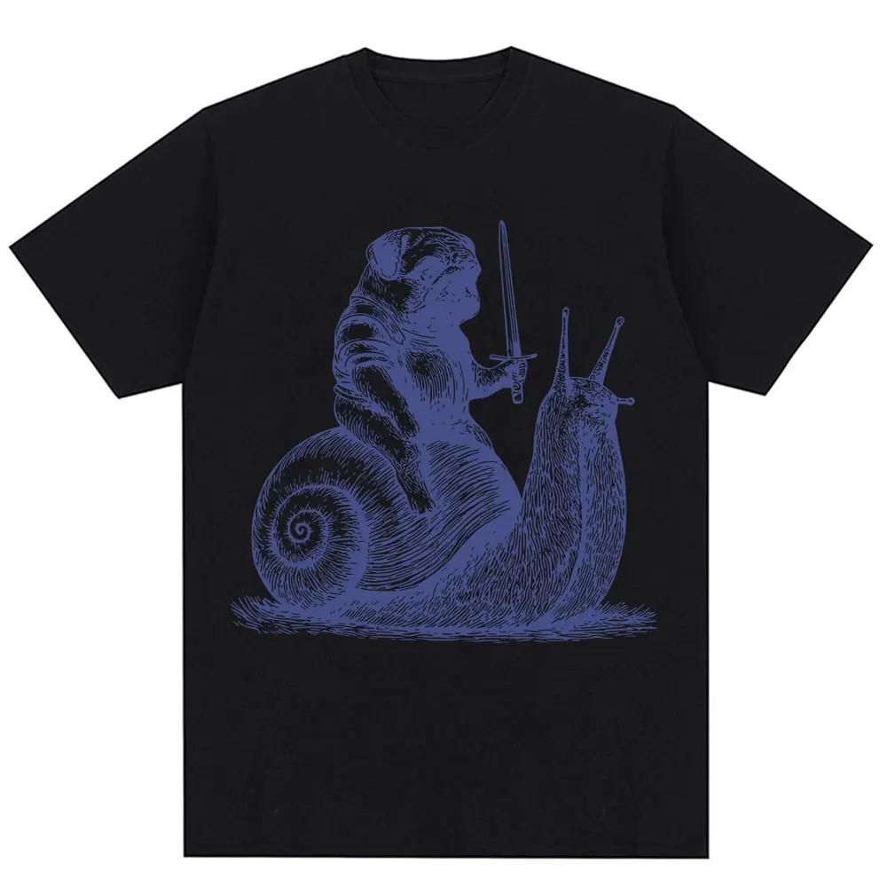 Funny Medieval Pug Knight Riding Snail Meme Graphic TShirt  Unisex 90s Vintage Trendy Oversized 100 Cotton Casual Tshirts