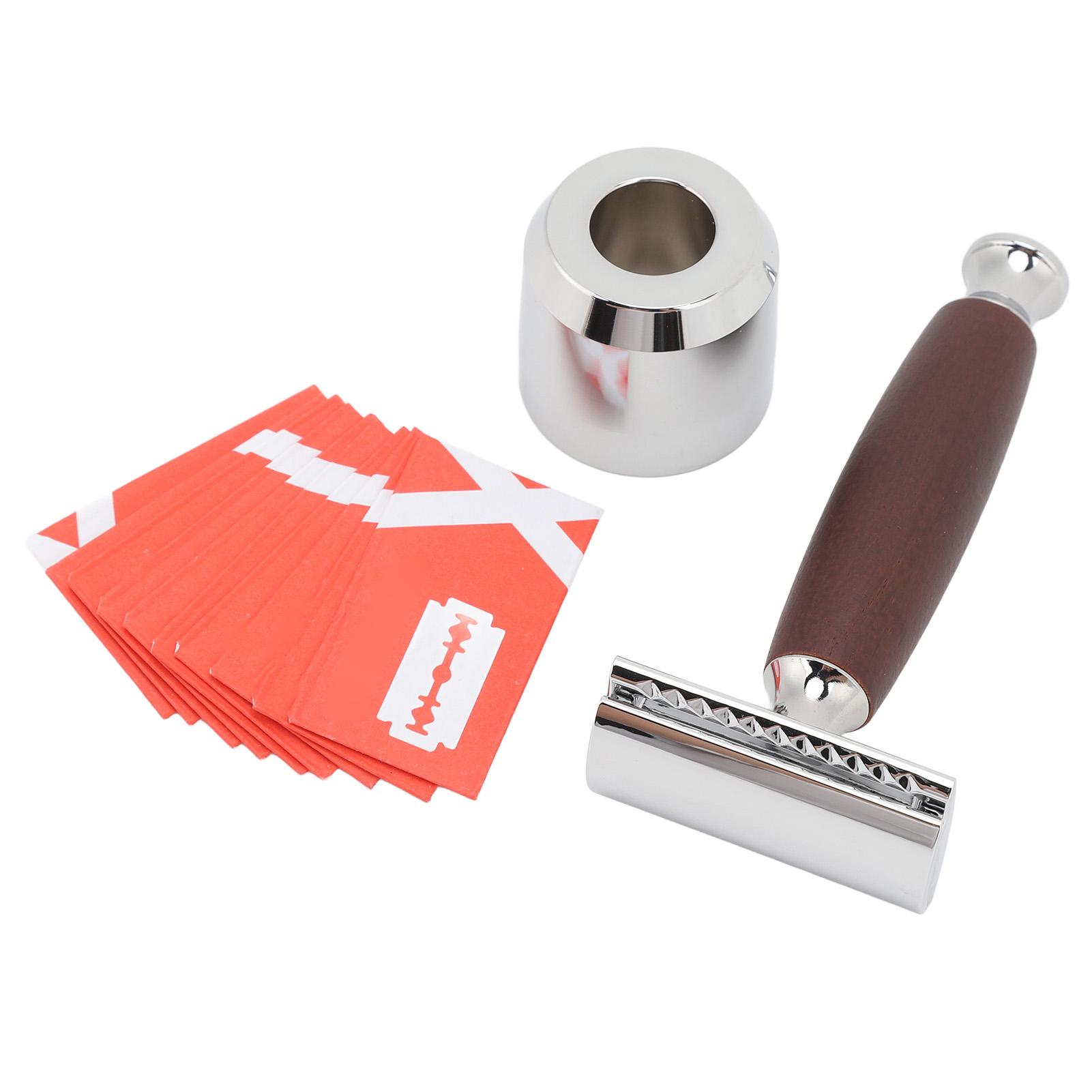 

Набор для бритья с двойным лезвием, нескользящая деревянная ручка, безопасный многоразовый ручной набор для бритья с подставкой