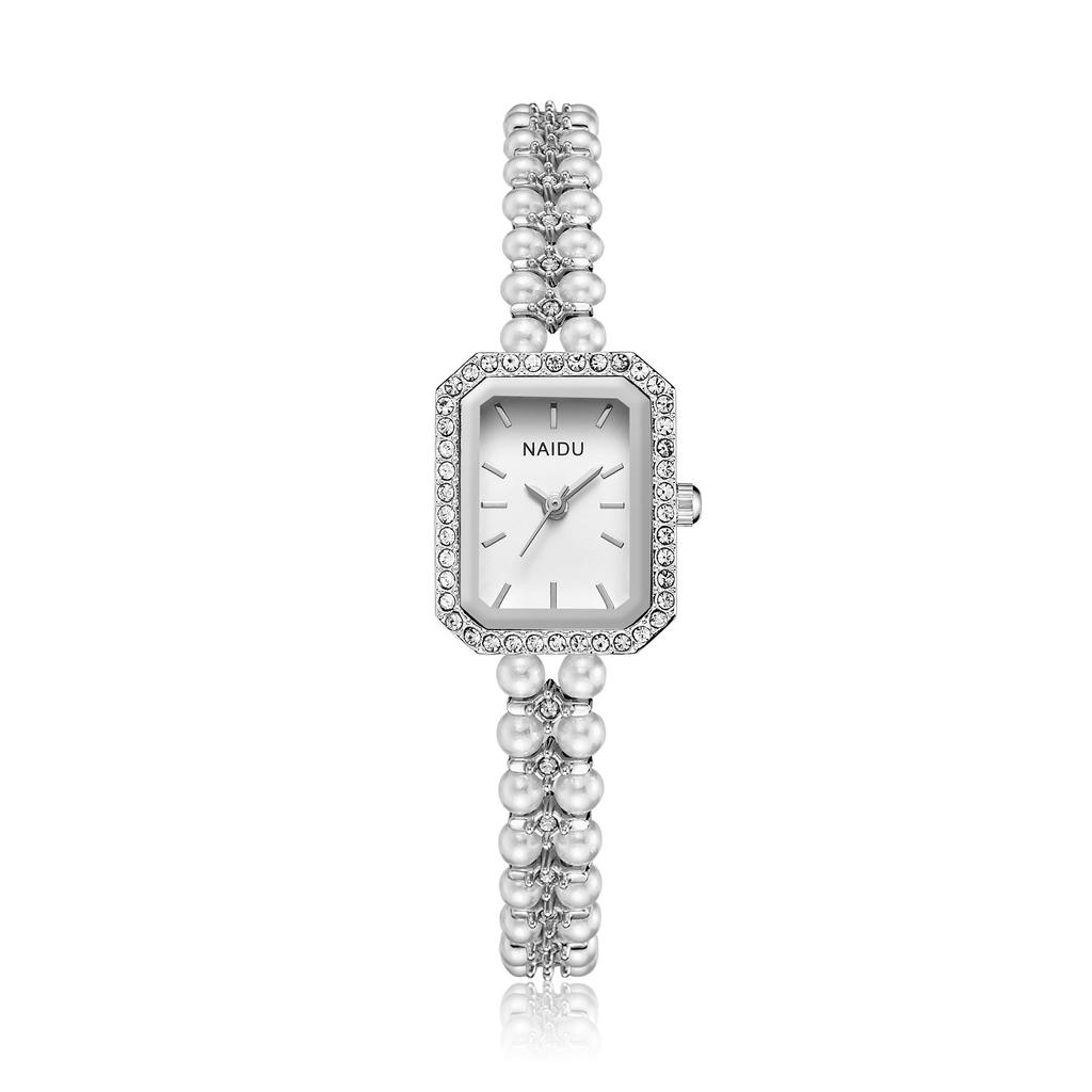 Fashionable Luxurious Ladies' Wristwatch Rhinestone Square Dial Imitation White Pearl Strap Waterproof Women Quartz Watch Reloj