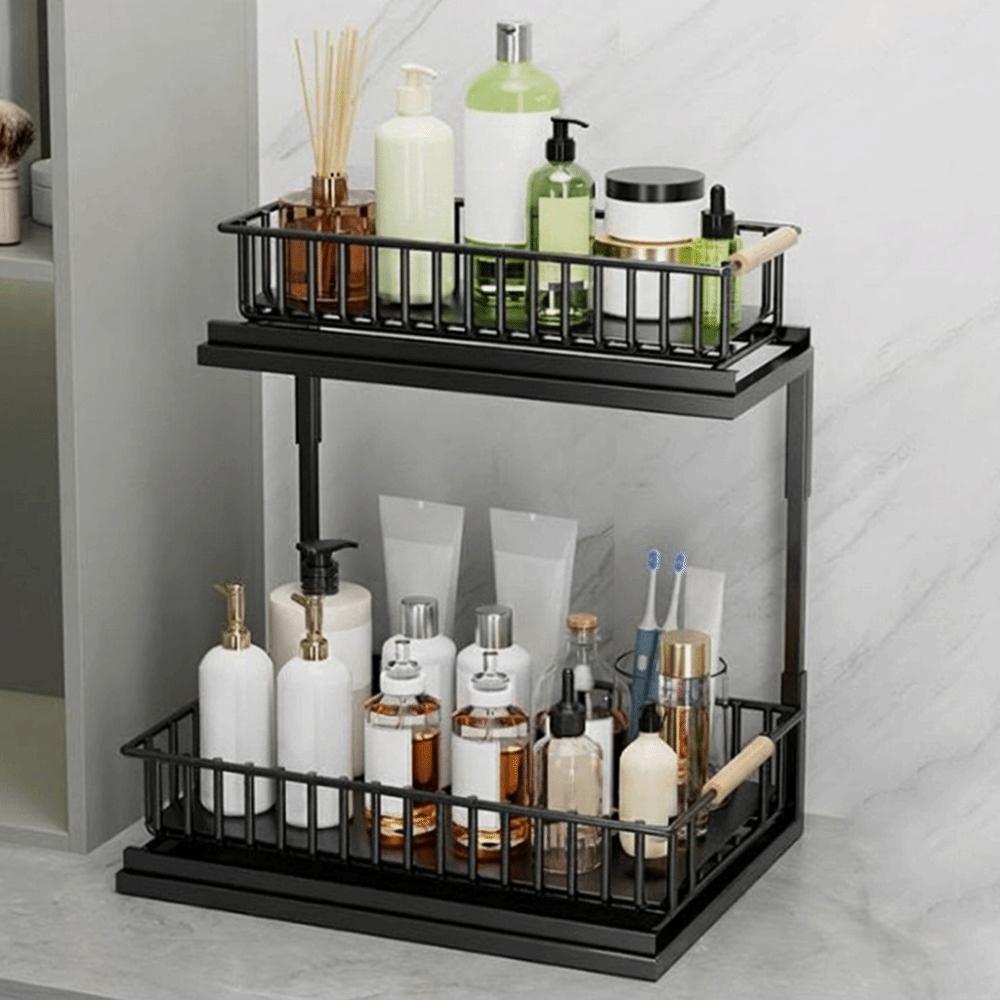 Carbon Steel 2-Tier Under Sink Organizer Rustproof Slide Out Cabinet Storage Shelf for Kitchen