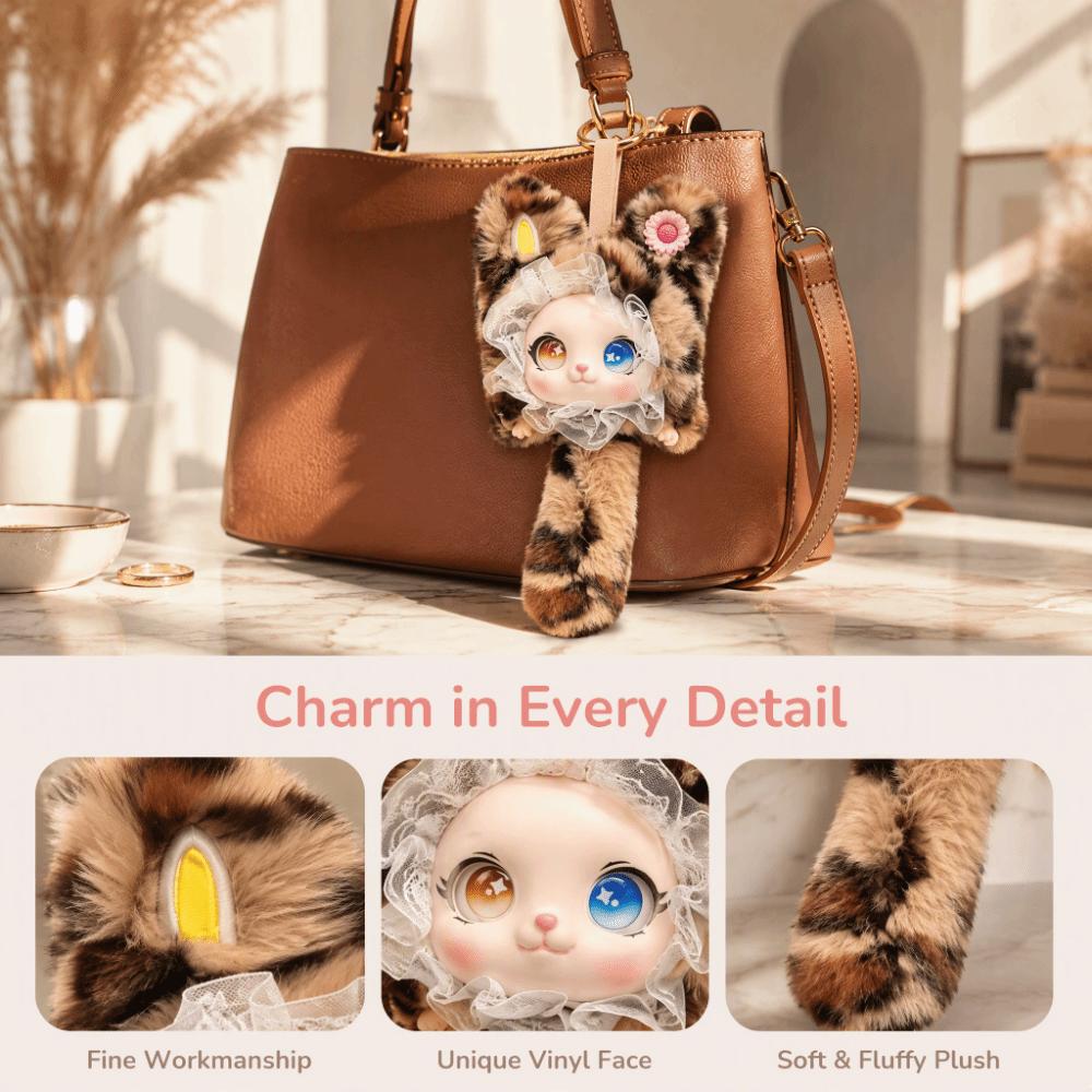 Cute Design Lace Leopard Print Cat Plush Keychain Vinyl Face Doll Pendant Boys and Girls
