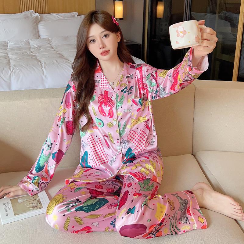 

Новая осенне-зимняя женская пижама Ice Silk с пуговицами на лацканах, женский костюм, роскошный женский костюм из двух частей с принтом XXL