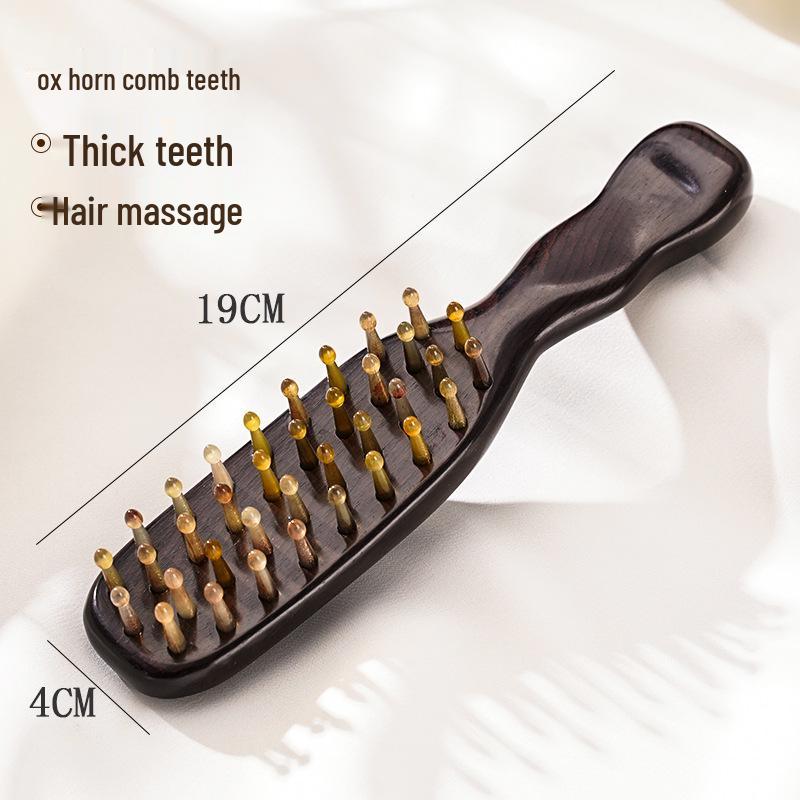 Curved Handle Ox Horn & Sandalwood Massage Comb with Pin Teeth for Men and Women