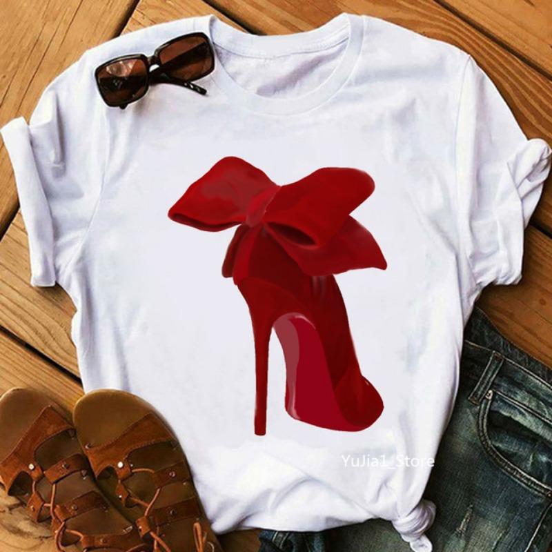 Estive Plus Manica Corta Tacchi Alti Stampate Puro Cotone Ampie Girocollo Manica Corta Scarpe T-Shirt Donna