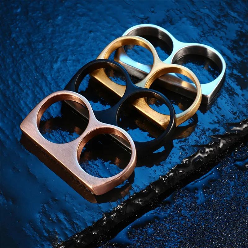 MSX Punk Double Finger Stainless Steel Ring Black Gold Color Titanium Male Ring Fashion Knuckle Rings For Men Jewelry