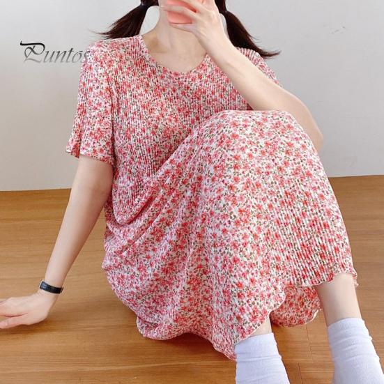 Summer Women Dress Small Flower Print Crew Neck Loose Short Sleeves Pleated Mid-calf Length Pullover Dating Shopping Midi Dress