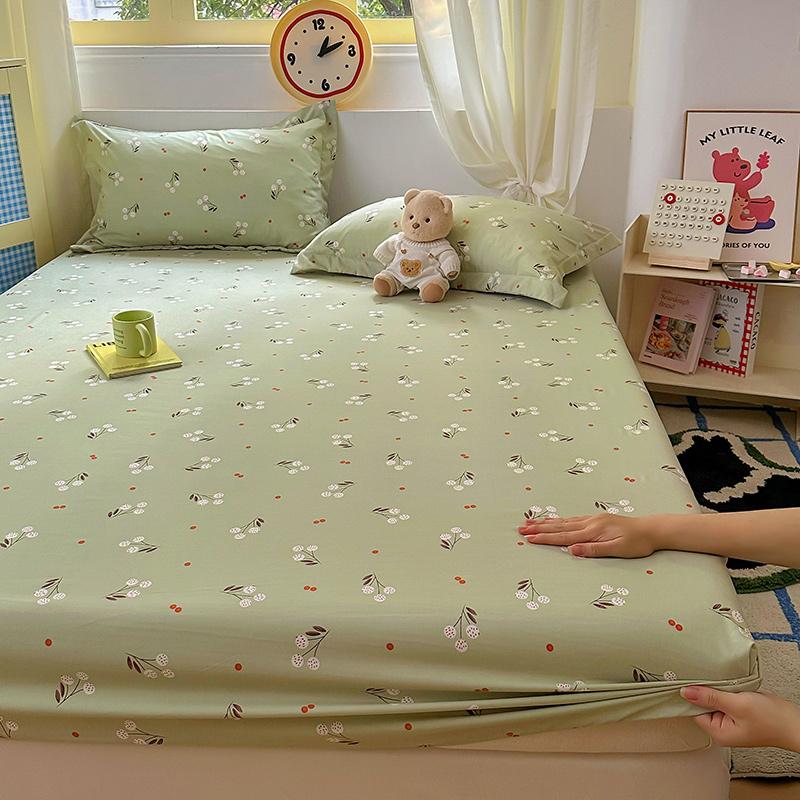 

1pc Flower Printed Fitted Bed Sheet Washed Cotton Cartoon Bedsheet with Elastic for Kids Single/Queen/King Mattress Protector Single90x200x25cm1pc