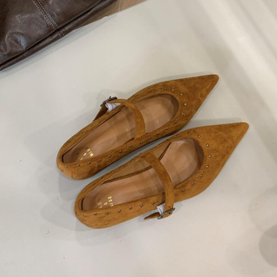French Beautiful Rivet One-word Buckle with Flat Heel Shallow Mouth Single Shoes Autumn Late Evening Temperament Elegant Mary Jane Shoes