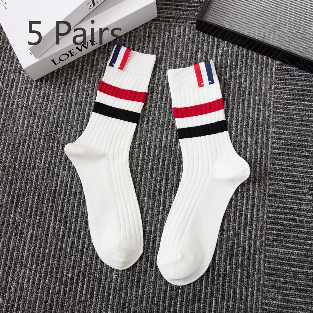 5 Pairs Tide Striped Collision Double Needle Simple Student Mid-calf Socks Women's Niche College Combed Cotton Sports Calf Socks