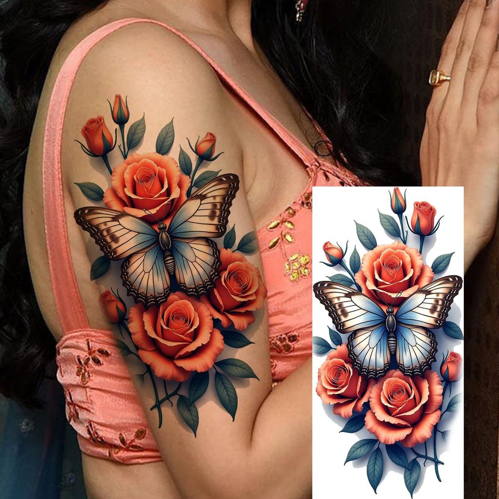 1 Sheet Butterfly Watercolor Flower Tiger Temporary Tattoos For Women Men Adults Fake Phoenix Parrot Lotus Tattoo Sticker Sleeve